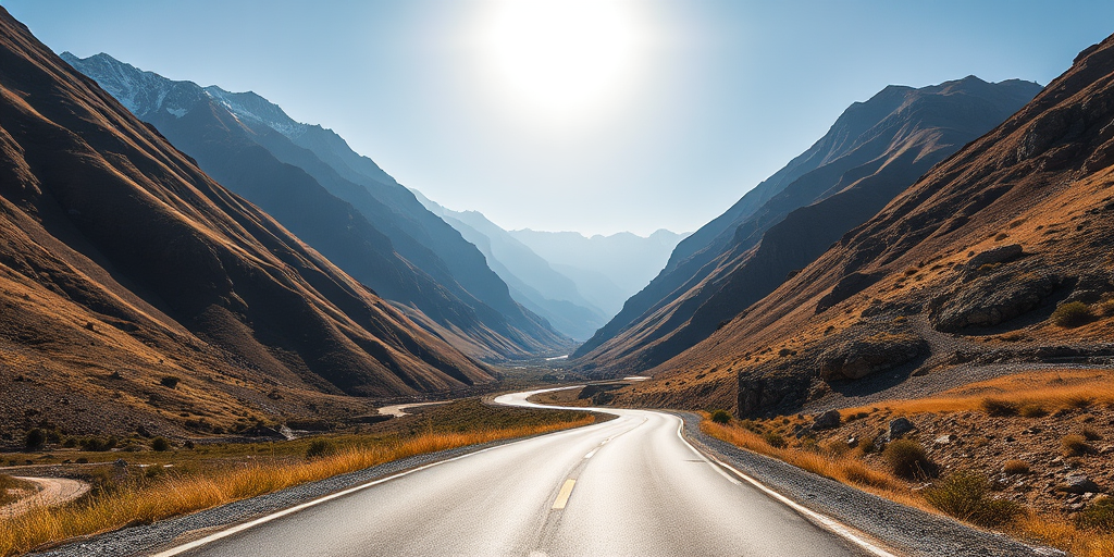 Generate a landscape image of a mountainous road with a clear sky and bright sun, use a DSLR camera with a 24mm lens, aperture f/8, shutter speed 1/250s, ISO 100, capturing a wide-angle view in vibrant colors and high dynamic range.