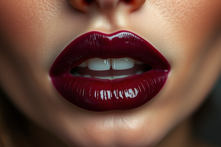 Deep plum lips with a glossy, wet-look finish, radiating intensity and drama for a bold, vampy aesthetic