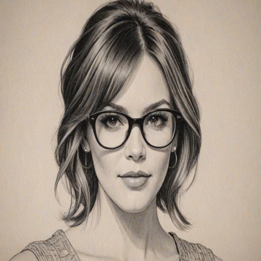 Dazzling Katherine McPhee, pencil sketch, portrait of Fascinating woman 1964s in glasses, hair style beatnik, outline, clear lines, fine lines, 8k