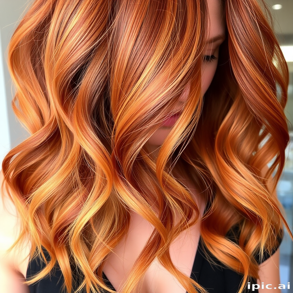 Vibrant copper-hued locks cascading in loose waves, known as "Sunset Serenade," feature subtle golden highlights throughout, creating a mesmerizing blend of warm tones that shimmer in the light, framing the face with soft tendrils and ending just below the shoulders, exuding a romantic and ethereal aura