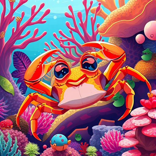 A vibrant illustration of a crab in a colorful underwater scene with coral and plants, captured with a 50mm lens, f/5.6 aperture, 1/125s shutter speed, and ISO 200, in a bright and saturated digital painting style.