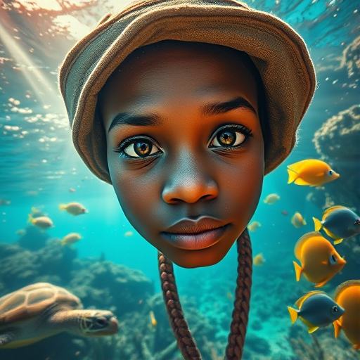 Realistic selfie image of a Zulu, wearing a vintage outfit, detailed dreamy eyes, droopy hooded eyes, staring at the camera, taken underwater at coral reef with a sunbeam filtering through the water, vibrant, summer vacation, natural lighting, turtle and school of tropical fish with vibrant colors, rendered in the style of CryEngine, Pegi Nicol MacLeod, with realistic genre scenes, hauntingly beautiful narratives, ultra-realism, and Thomas Saliot's close-up technique, 8K resolution, crystal clear and sparkling water.