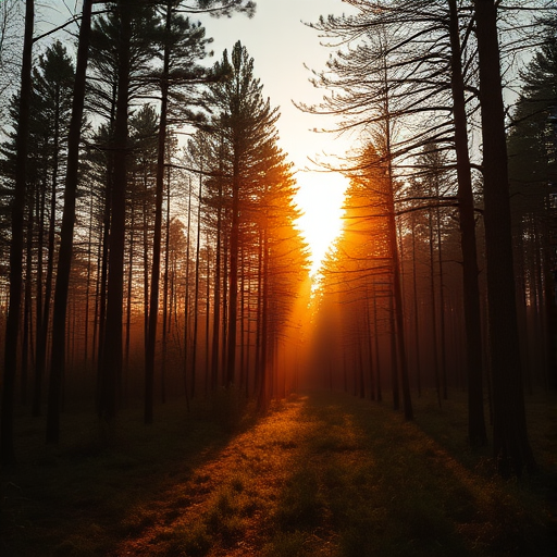 Create a high-resolution image of a serene forest landscape at sunrise with soft golden lighting, using a DSLR camera with a 50mm lens, aperture set to f/2.8 for a shallow depth of field, ISO 100 for clarity, and a wide-angle view to capture the full expanse of the scene.