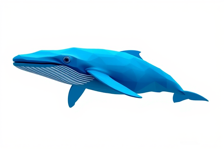 A digitally rendered blue whale in a low-poly style, vibrant blue tones, minimalist white background, captured with a DSLR camera, 50mm lens, f/2.8 aperture, ISO 100, shot from a slightly below angle to emphasize the whale's form and detail.