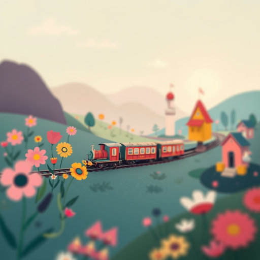 regenerate a whimsical landscape illustration featuring abstract flowers, a train on a winding track, and stylized buildings, using a Canon EOS 5D Mark IV, f/8 aperture, 50mm lens, soft focus style, high dynamic range settings for enhanced image quality