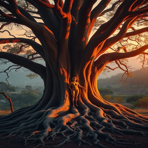 Create an ethereal scene of a majestic tree with a human figure integrated into its trunk, surrounded by sprawling roots, glowing softly in a serene landscape at sunset, captured with a Canon EOS R5, 50mm lens, f/1.8, ISO 100, with golden hour lighting to enhance the warm tones and intricate details.