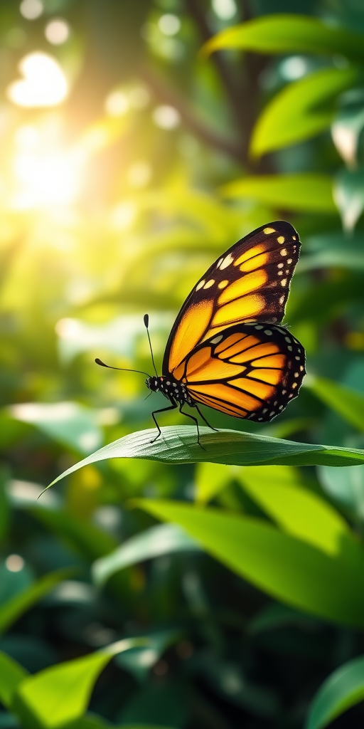Generate an image of a butterfly perched on a green leaf in a lush, vibrant jungle setting. The butterfly should have striking yellow and black patterns on its wings, with soft sunlight filtering through the foliage in the background, creating a serene and tranquil atmosphere.