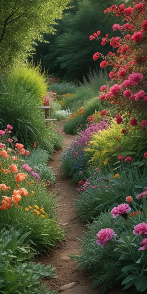 A Serene Garden Path Lined with Vibrant Flowers in Full Bloom