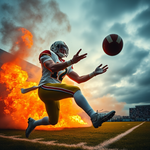 dynamic shot of a football player catching a ball with fiery effects in the background, taken with a DSLR camera at f/2.8 aperture, 1/500 sec shutter speed, ISO 100, 50mm lens, low angle view, high contrast and vivid colors