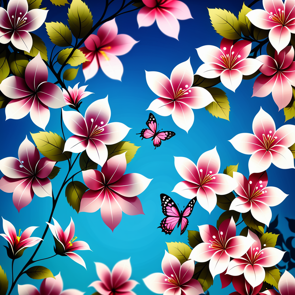 Vibrant Pink and White Flowers with Butterflies Against a Blue Background