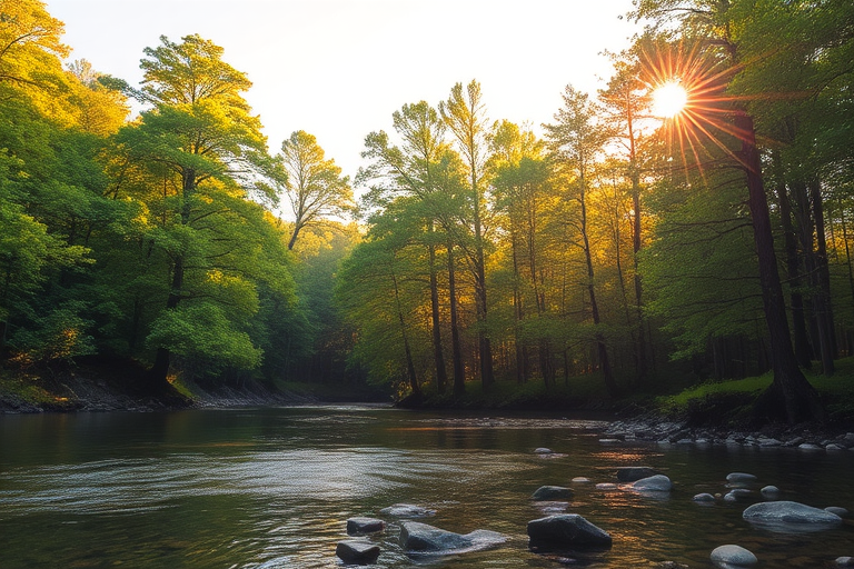 Create an image of a serene, sunlit forest scene with a clear, gently flowing river. Tall trees with lush green foliage line both sides of the river, their leaves bathed in the warm golden light of the setting or rising sun. The sunlight filters through the trees, casting soft, dappled light on the river, which flows over smooth rocks and pebbles, creating a peaceful, natural atmosphere. The sky is bright with a few scattered clouds, and the overall mood is tranquil, evoking a deep sense of connection with nature. The image captures the beauty of a calm, pristine forest landscape at either dawn or dusk.