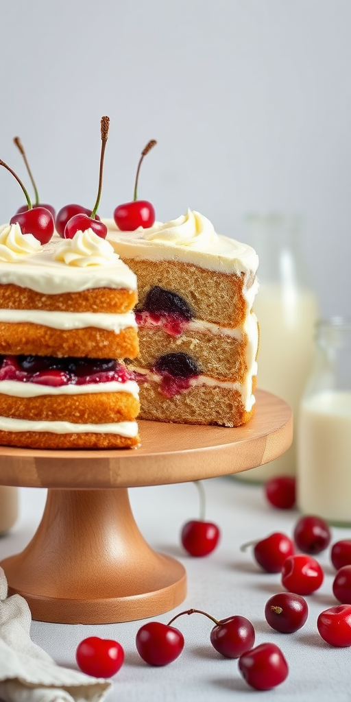 A beautifully layered cake with creamy frosting and cherry filling served on a wooden cake stand garnished with fresh cherries and set against a soft neutral background with milk bottles in the scene.