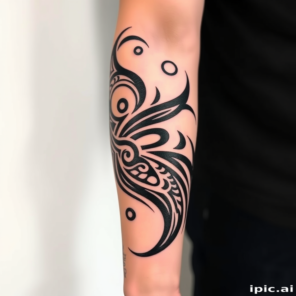 Powerful tribal-inspired tattoo wrapping around the bicep and forearm featuring bold black patterns with negative space elements inspired by Polynesian and Maori designs intricate swirls and sharp angles