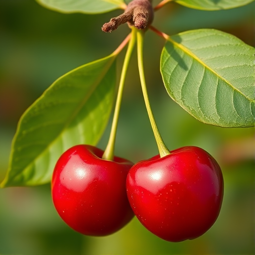 Generate an illustration of two red cherries with green leaves, using a DSLR camera with a 50mm f/1.8 lens, ISO 100, aperture f/2.8, 1/200 sec shutter speed, in soft natural lighting and a shallow depth of field for a vibrant emphasis on the fruit.
