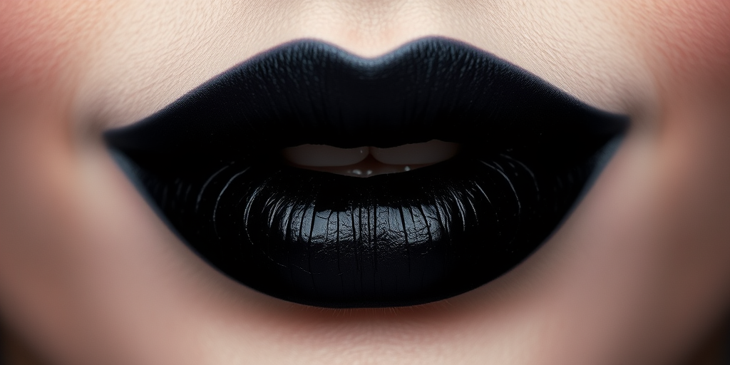 Ombre black to grey lips with a smoky, gradient effect, showcasing edgy sophistication and a bold, mysterious allure