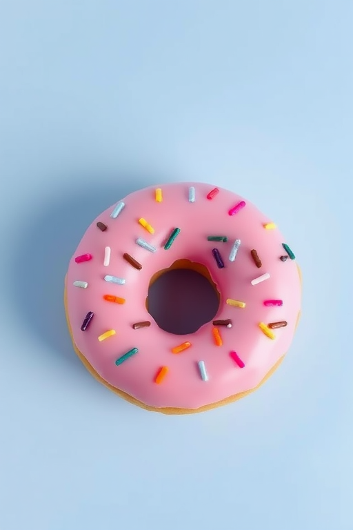 Create a vibrant illustration of a donut with pink icing and colorful sprinkles against a soft blue gradient background, captured using a Canon EOS R5 at f/2.8 aperture, ISO 100, 1/125 sec shutter speed, in a top-down view with a macro lens to enhance detail and color saturation.