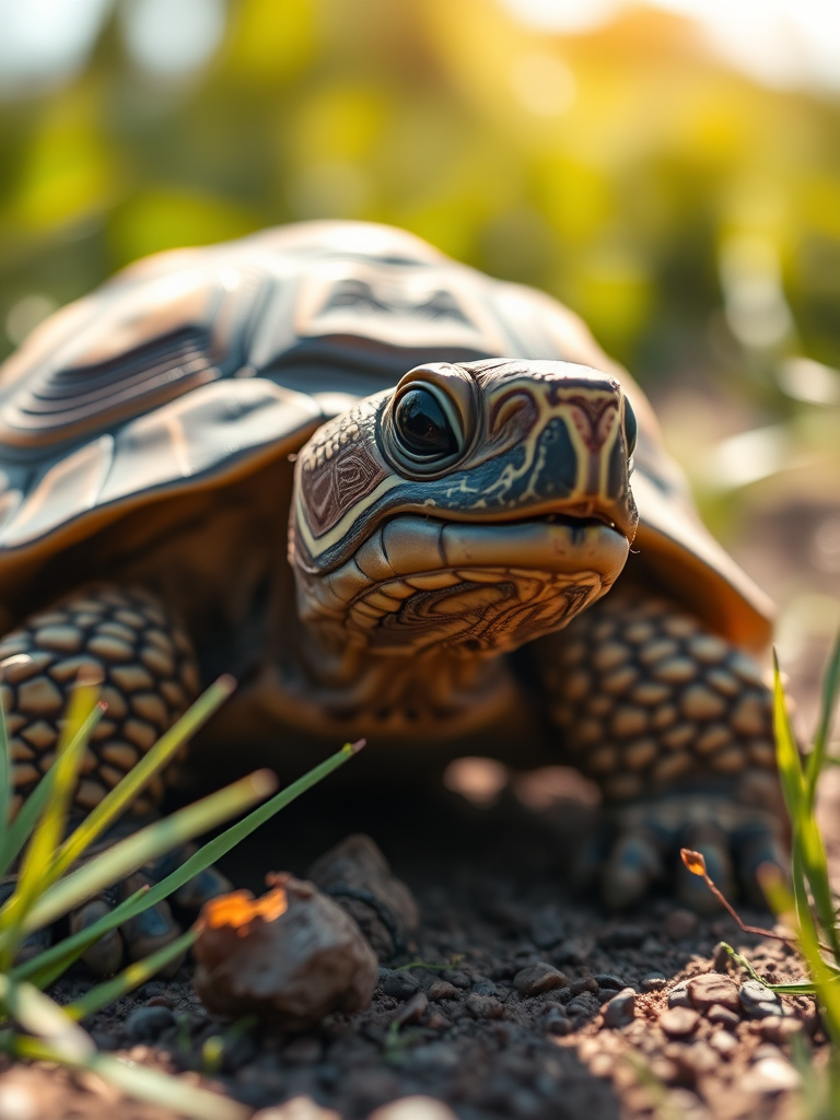 Regenerate an image of a tortoise in natural sunlight, using a DSLR camera at ISO 100, f/4 aperture, 85mm lens, 1/200 sec shutter speed, with a macro view and shallow depth of field for enhanced detail and clarity.