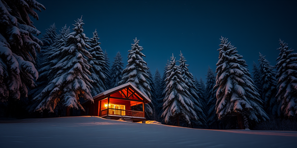 Capture a serene winter night scene of a illuminated cabin surrounded by snow-covered pine trees, using a Canon EOS R5 with a 24mm f/1.4 lens, ISO 800, shutter speed 4 seconds, low angle view, long exposure to emphasize light trails in the snow and enhance atmospheric depth.