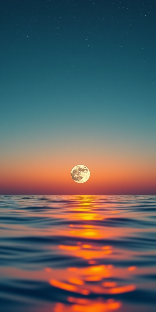 create a serene ocean sunset with smooth waves and a large moon rising above the horizon under a starry night sky, shot with a DSLR camera at f/8, ISO 100, 24mm lens, using a soft focus effect and vibrant colors, capturing a tranquil atmosphere