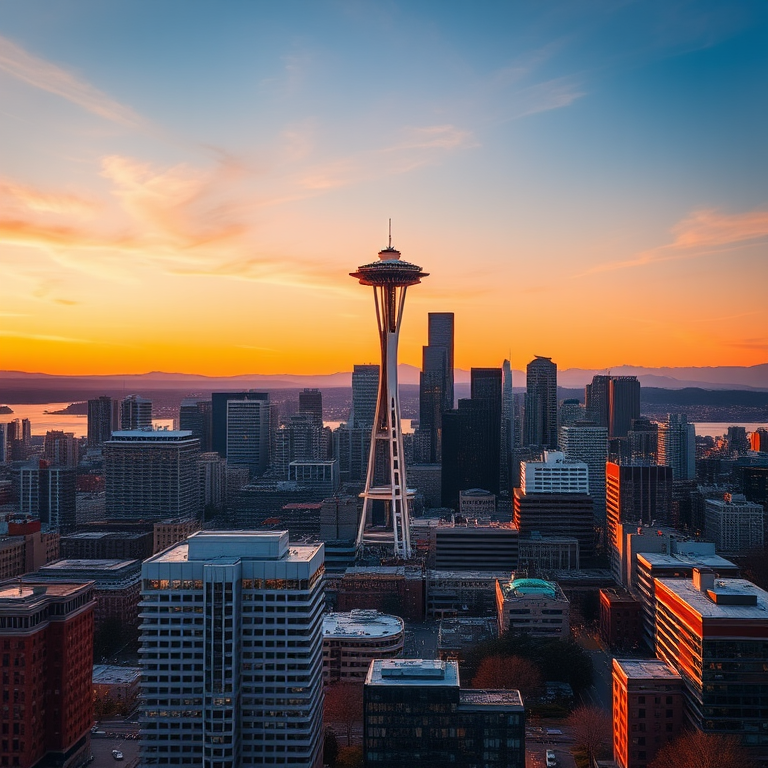 Capture a panoramic view of Seattle's skyline during golden hour with the Space Needle prominently featured, using a Canon EOS R5 with a 24-70mm lens, aperture set to f/8, ISO 100, shutter speed 1/200s for sharp detail and vibrant colors.