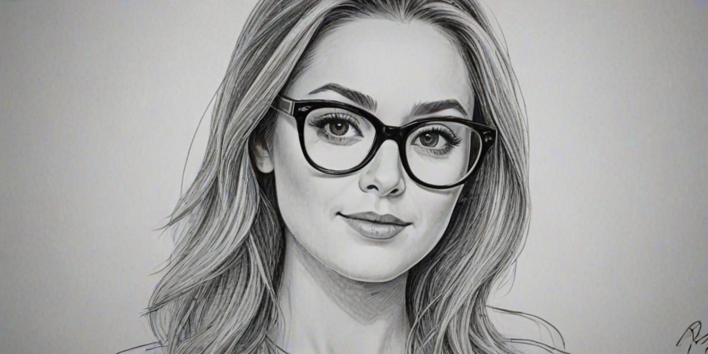 Beauteous Alexa Vega, pencil sketch, portrait of Appealing woman 1959s in glasses, hair style beatnik, outline, clear lines, fine lines, 8k