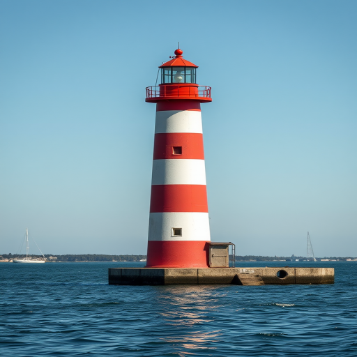 Regenerate the image of a red and white striped lighthouse standing alone in a calm body of water, captured with a Canon EOS 5D Mark IV, 50mm lens, aperture f/8, ISO 100, in sunlight, using a wide-angle view to enhance clarity and depth.