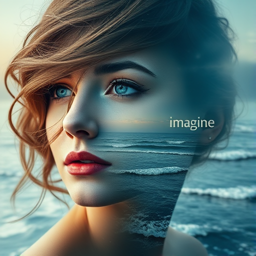 imagine Book cover, A surreal double exposure portrait that blends a woman's face with a beautiful seascape. The overall mood is dreamy and mystical, with rich colors and intricate details