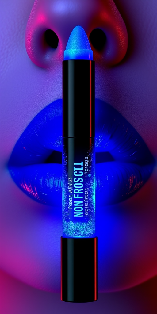 Electric blue "Neon Frost" lip crayon with a creamy texture and cooling sensation, perfect for bold makeup looks and avant-garde fashion statements