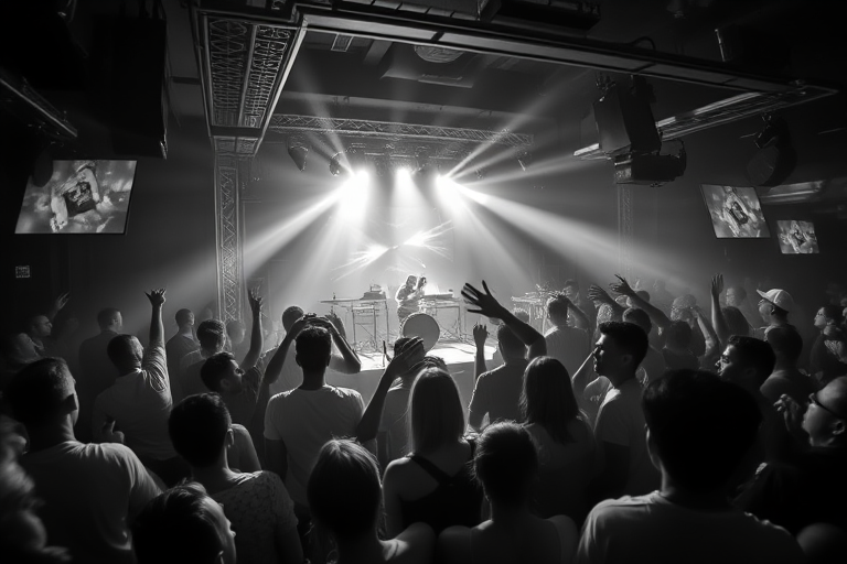 Regenerate a vibrant nightclub scene with a DJ on stage and a lively crowd, using a Canon EOS R5, 24mm lens at f/1.8, ISO 1600, shutter speed 1/100s, high contrast black and white, dynamic angle from the dance floor, capturing motion and energy.