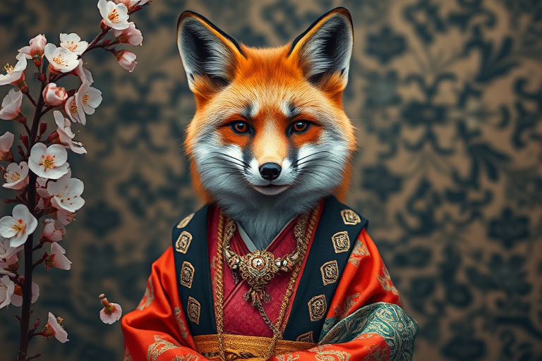 A fox wearing traditional Japanese clothing with intricate jewelry, surrounded by blooming flowers and a detailed patterned background, captured with a Canon EOS R5 at f/1.4, ISO 100, 50mm lens, shallow depth of field, soft focus effect for artistic quality.