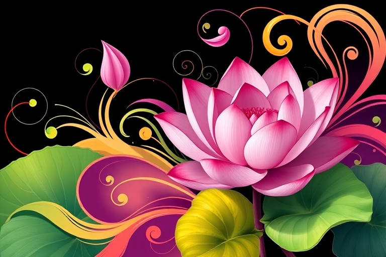 Create a vibrant floral design with swirling leaves and a pink lotus flower, using a high-resolution setting at 300 DPI, a 50mm lens, f/2.8 aperture, ISO 100, shot in natural light with a soft focus to enhance colors and details.