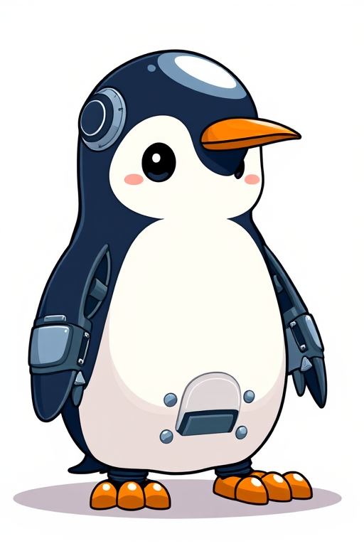 Create a high-resolution cartoon-style image of a penguin with a robotic half, using a DSLR camera at ISO 100, f/5.6 aperture, 50mm lens, with a slight vignette effect for depth and a flat perspective.