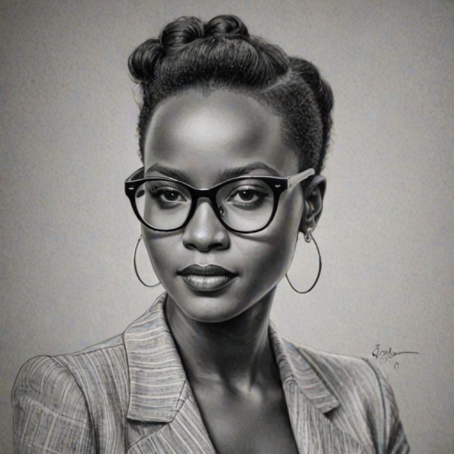 Beauteous Lupita Nyong'o, pencil sketch, portrait of Ravishing woman 1938s in glasses, hair style beatnik, outline, clear lines, fine lines, 8k