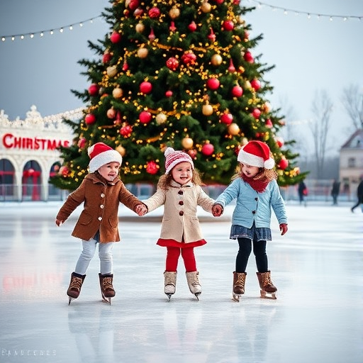Generate an image of three children ice skating on a rink surrounded by a large Christmas tree adorned with ornaments and lights. The children are wearing winter clothing and Santa hats, and they are joyfully holding hands as they glide across the ice. The setting is festive and cheerful, capturing the spirit of the holiday season.
