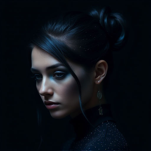 Mysterious dark portrait featuring Midnight Galaxy locks, deep blue-black base with subtle sparkles resembling stars, styled in a sleek updo