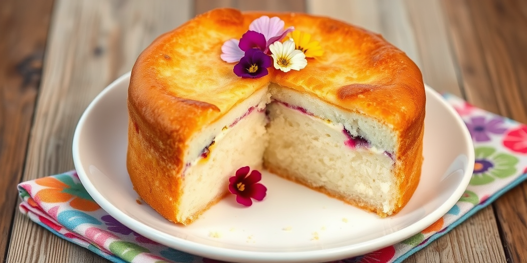 A beautifully baked fluffy cake with a golden brown crust partially sliced showing its soft interior decorated with edible flowers on a white plate with a colorful napkin underneath.