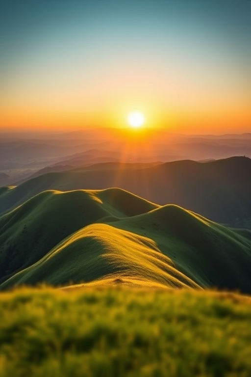 Create an abstract landscape at sunrise with layered green hills, radial sunburst effect, using a 50mm lens, f/8 aperture, ISO 100, early morning light, and shallow depth of field, wide-angle view, digital photography style.
