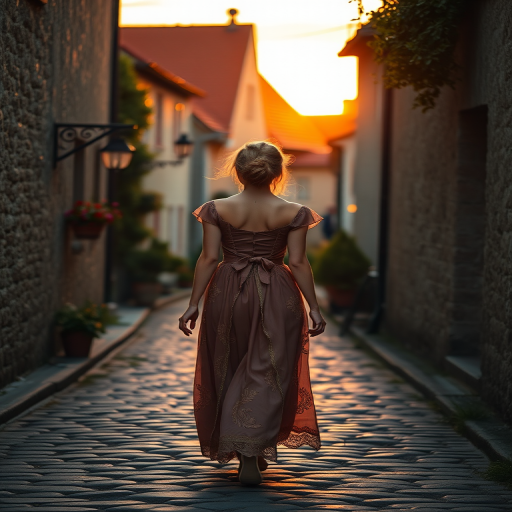 Create an image of a woman in a vintage dress walking through a cobblestone village street at sunset, with cottages in the background, using a full-frame DSLR camera, 50mm lens, f/1.8 aperture, ISO 100, 1/200 second shutter speed, warm color tones for a dramatic effect.