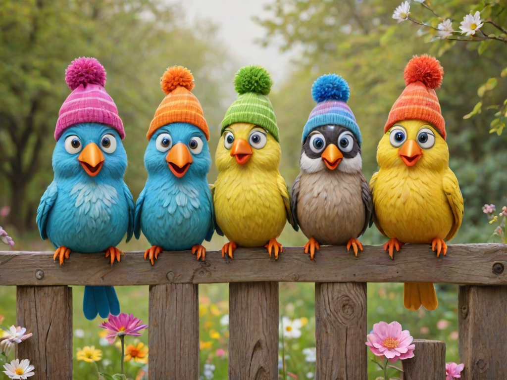 create a scene of 4 quirky  whimsical colourful comical birds each with a funny expression. they are sat on a wooden fence with colourful flowers. they are all different sizes. each one is a different colour  one is wearing a woolly hat. Each one has a different quirky google expression and there is a muted background of trees watercolour paintierly style high definition 8k resolution 3D paper mache