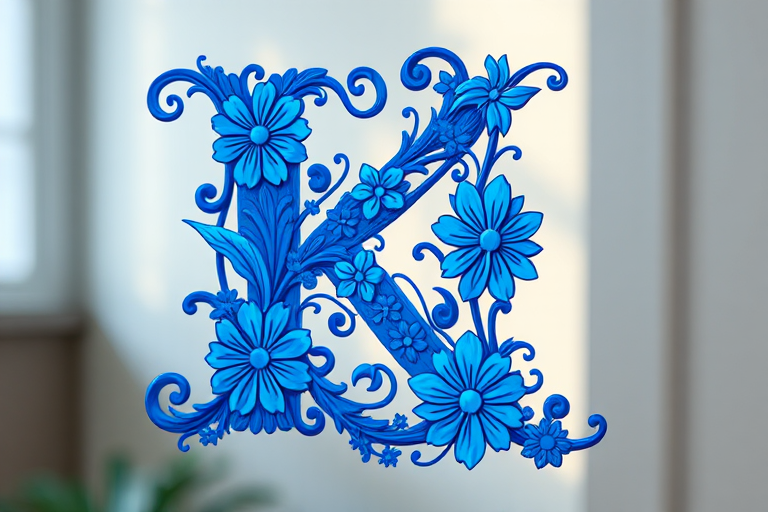 Create a vibrant and intricately designed letter K with floral patterns in shades of blue, using a shallow depth of field at f/2.8, 50mm lens, shot in soft natural light, from a slightly elevated angle in a digital format.