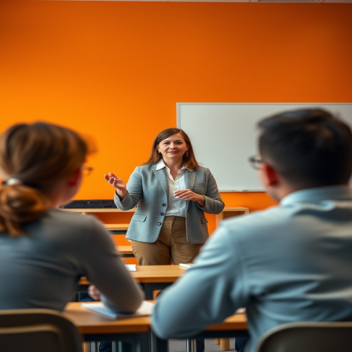 Regenerate the image of a teacher instructing students in a classroom setting, with soft lighting and an orange gradient background, using a Canon EOS R5 camera with a 50mm lens, aperture set at f/1.8, ISO 200 for optimal image quality.
