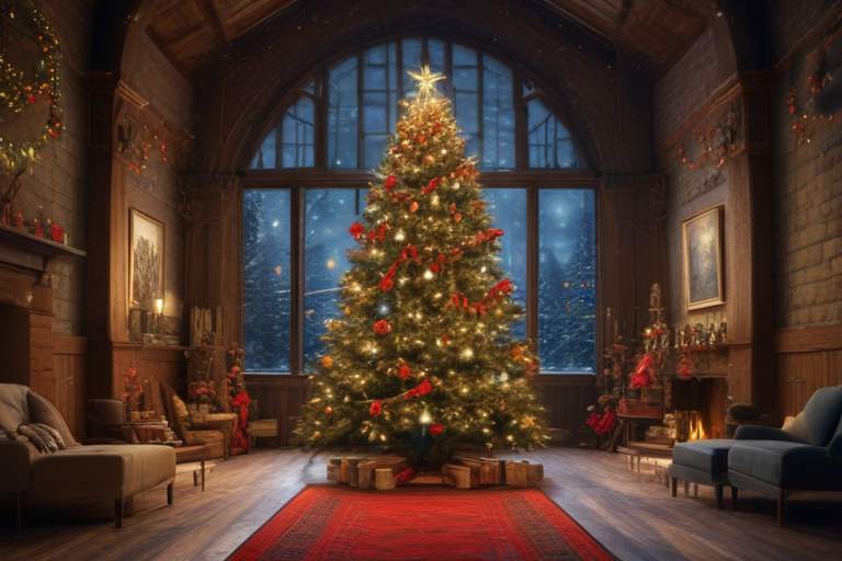 A Cozy Christmas Scene Featuring a Beautifully Decorated Tree and Warm ...