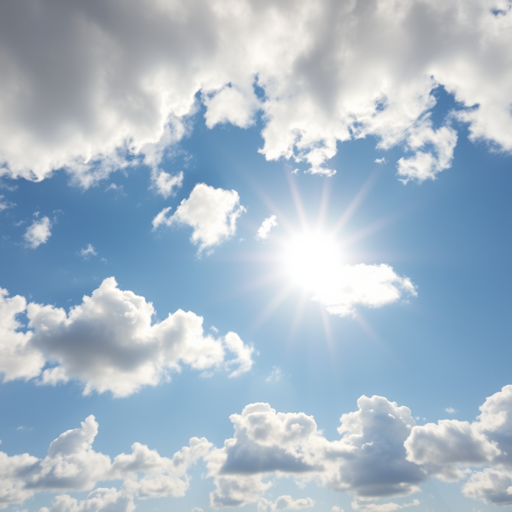 Create a vector illustration of a partly cloudy sky with a bright sun peeking through, featuring stylized wind lines, using a Canon EOS R camera with an aperture of f/8, ISO 100, and a focal length of 50mm, capturing a clean and vibrant aesthetic.