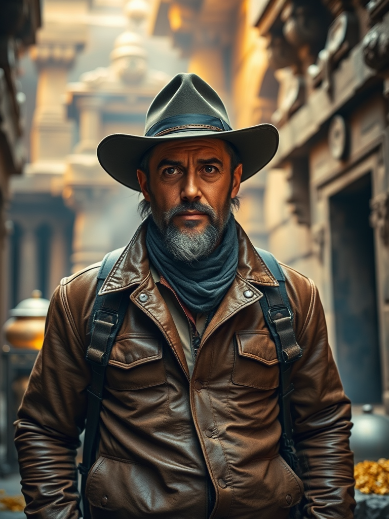 Explore a vivid scene of a confident adventurer in a treasure-laden ancient temple, dressed in a rugged leather jacket and hat, using a full-frame DSLR camera with a 50mm f/1.8 lens, ISO 400, aperture f/2.8, 1/125s exposure, natural warm lighting, shallow depth of field for a cinematic effect.