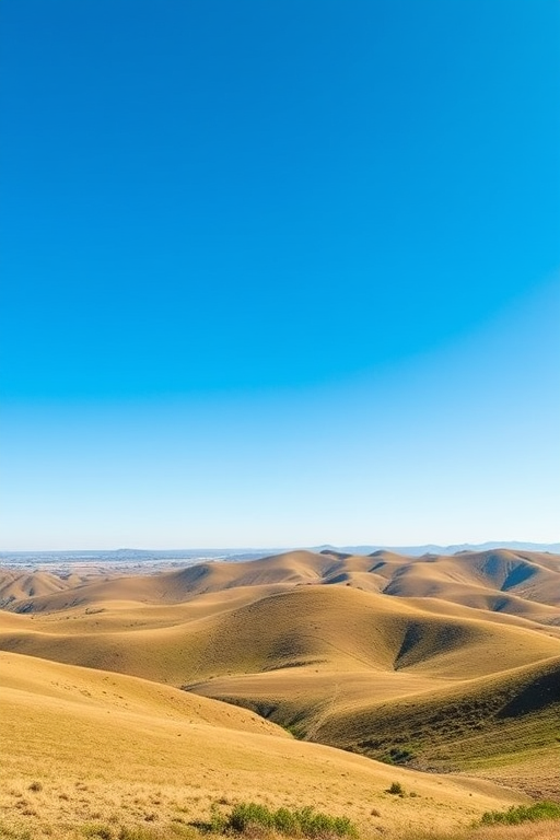 A serene landscape featuring rolling hills under a clear blue sky, shot with a DSLR camera at f/8 aperture, ISO 100, a 35mm lens, with a wide-angle view to capture expansive scenery, in vibrant colors and high resolution.