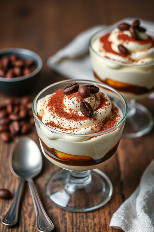 Dessert cups filled with layers of creamy mascarpone cheese and coffee-soaked ladyfingers topped with cocoa powder and coffee beans on a wooden table with a spoon nearby