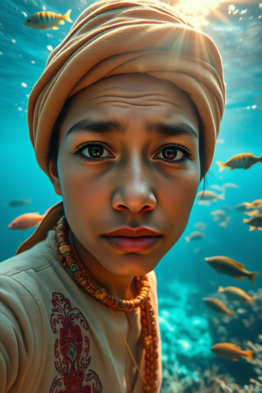 Realistic selfie image of a Nepali, wearing a vintage outfit, detailed dreamy eyes, droopy hooded eyes, staring at the camera, taken underwater at coral reef with a sunbeam filtering through the water, vibrant, summer vacation, natural lighting, turtle and school of tropical fish with vibrant colors, rendered in the style of CryEngine, Pegi Nicol MacLeod, with realistic genre scenes, hauntingly beautiful narratives, ultra-realism, and Thomas Saliot's close-up technique, 8K resolution, crystal clear and sparkling water.