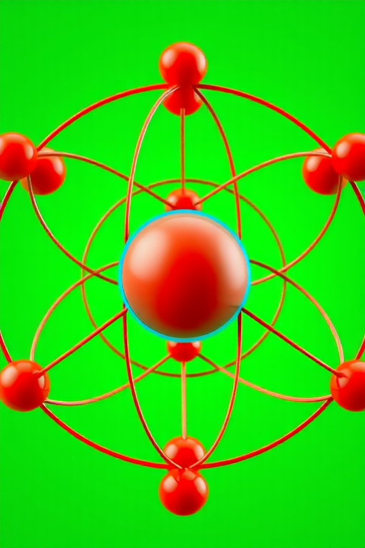 Create a high-resolution image of an atom with a green background, featuring a nucleus composed of orange and blue spheres and red electron orbits, shot with a DSLR camera at f/8, ISO 100, 1/200 sec, in a macro view with a vibrant and sharp clarity.