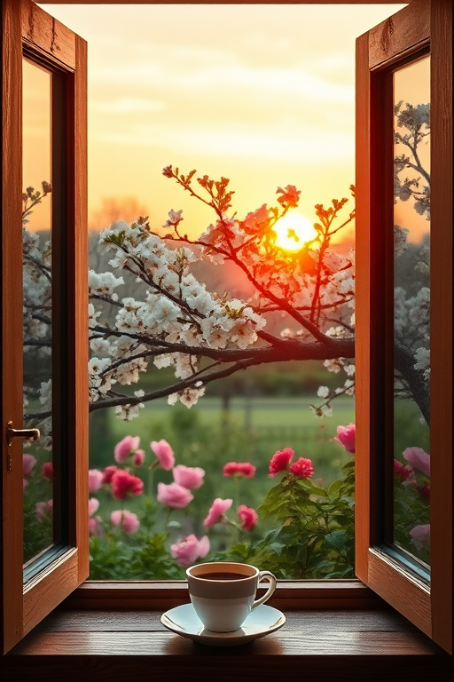 Create a serene landscape view from a wooden window frame showing a blossoming tree and vibrant flowers at sunset, with a cup of coffee on the window sill, captured with a DSLR camera using a 50mm lens, f/1.8 aperture, ISO 100, 1/250s shutter speed, in natural light.