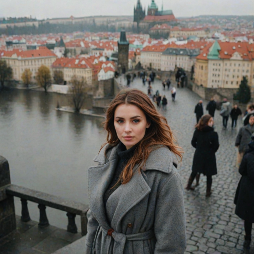 cinematic photo from above, waist up shot, sharp focus, a beautiful woman in foreground, in Prague, at the Charles Bridge, river in background, overcast rainy day, wearing long grey wool coat, warm rich color palette